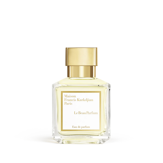 Clear glass perfume bottle with pale yellow liquid and a gold-toned square cap, featuring a white label with black text.
