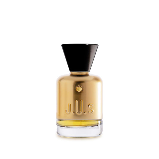 J.U.S Eau de Parfum in a gold-toned bottle with black cap and embossed logo – Order Online Today