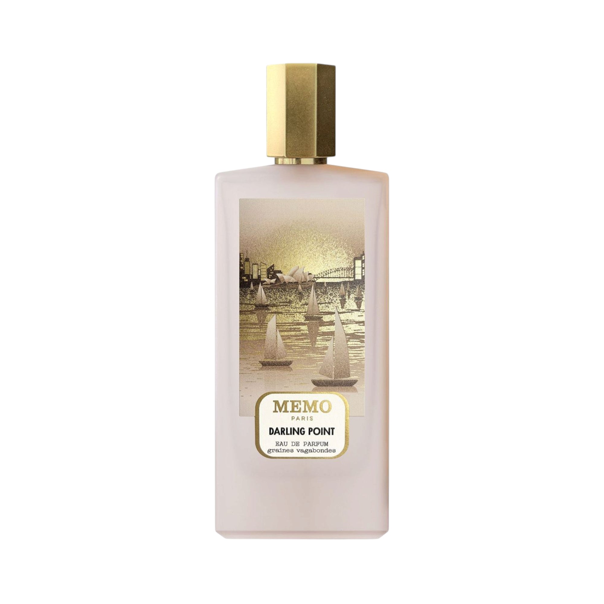 Frosted light pink rectangular perfume bottle with a gold-toned cap and an illustrated label depicting a golden cityscape wit