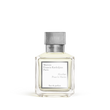 Clear glass rectangular perfume bottle with light yellow liquid and a grey metallic cap, featuring a white label.