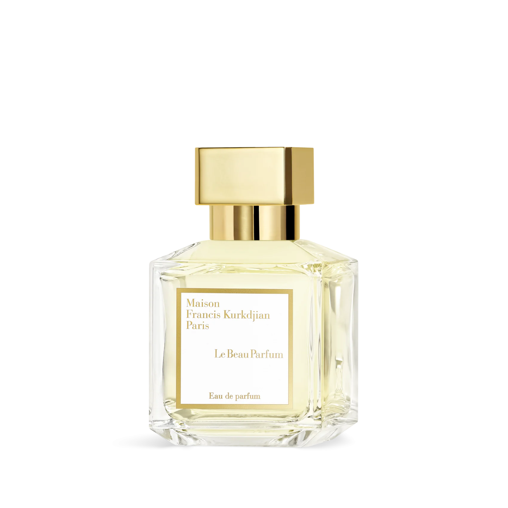 Clear glass perfume bottle with pale yellow liquid, a gold-toned square cap, and a white label with black text.