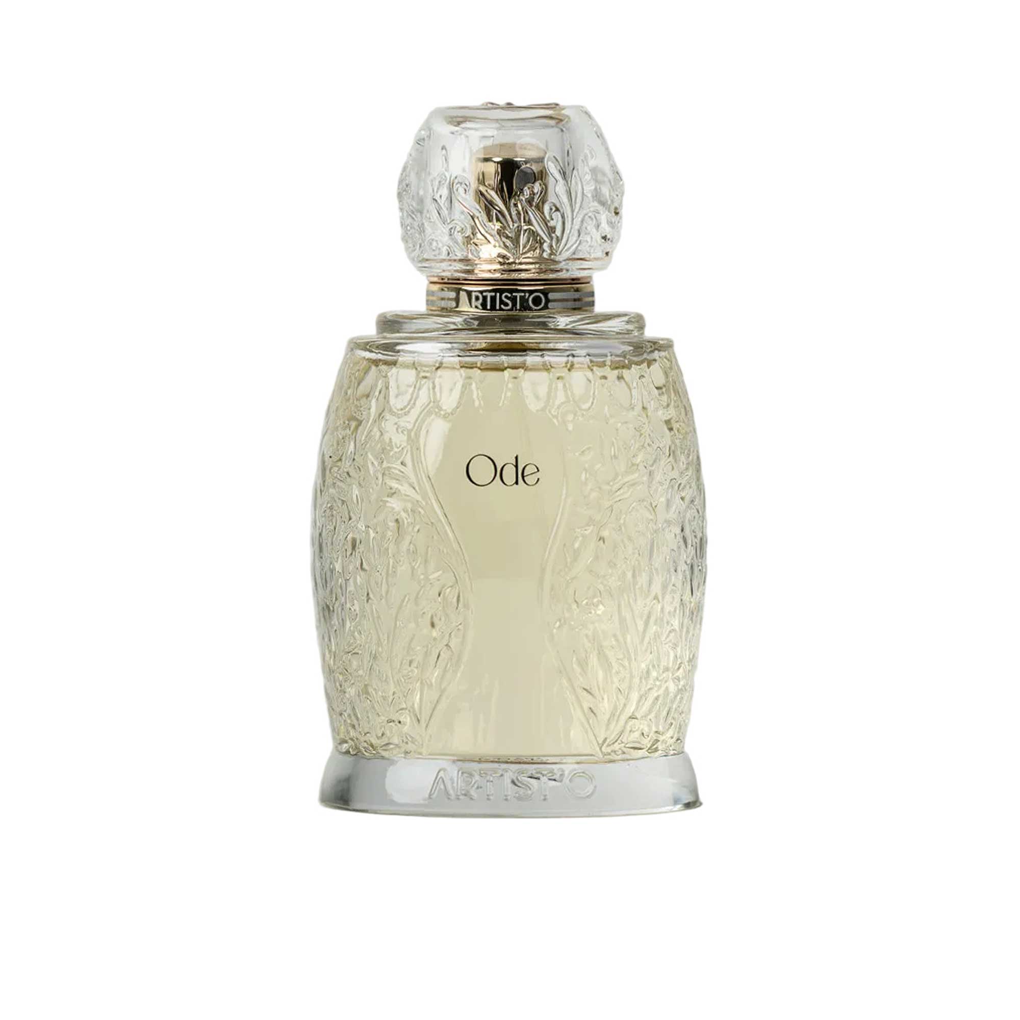 Artist’O Ode Eau de Parfum in an ornate clear glass bottle with a soft ivory fragrance, displayed with pastel pink luxury packaging – Find Online Today