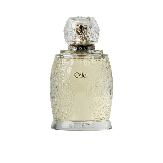 Artist’O Ode Eau de Parfum in an ornate clear glass bottle with a soft ivory fragrance, displayed with pastel pink luxury packaging – Find Online Today