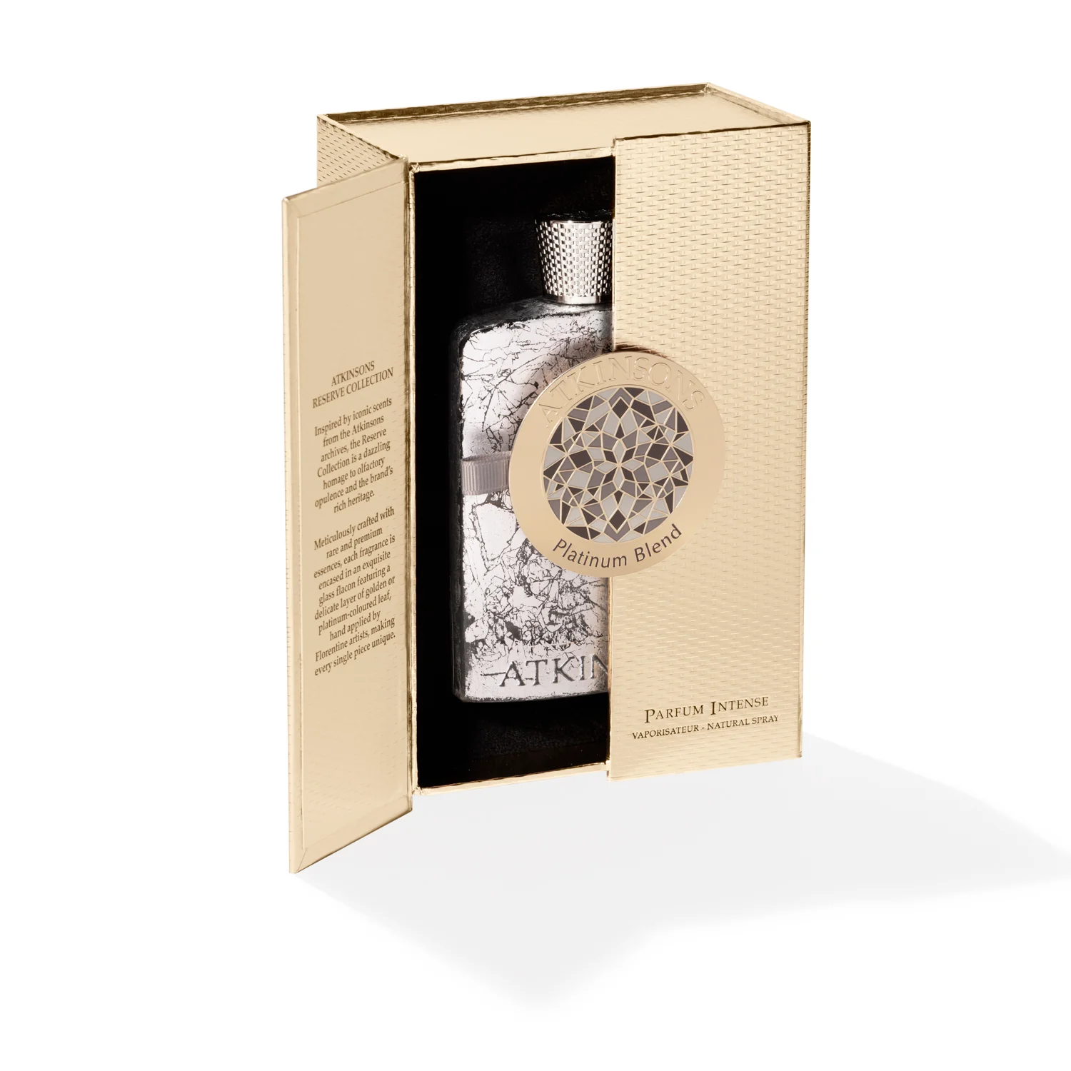 Perfume bottle in a gold box with 'Atkinsons' branding on a white background.
