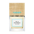Carner Barcelona Isla Bohemia 100ml perfume bottle topped with its signature square wooden cap, presented next to a clean white retail box featuring minimalist black text.