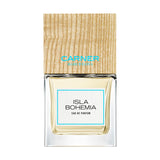Carner Barcelona Isla Bohemia 100ml perfume bottle topped with its signature square wooden cap, presented next to a clean white retail box featuring minimalist black text.