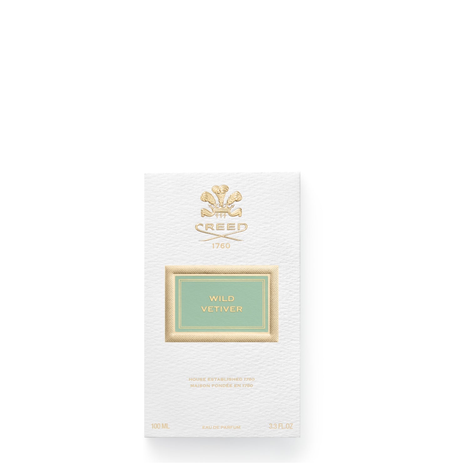 Front view of the white textured outer packaging for Creed Wild Vetiver Eau de Parfum.
