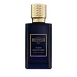 Dark blue rectangular perfume bottle with a gold-toned, textured cap and a gold-bordered label.
