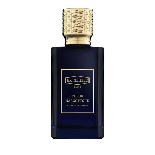 Dark blue rectangular perfume bottle with a gold-toned, textured cap and a gold-bordered label.