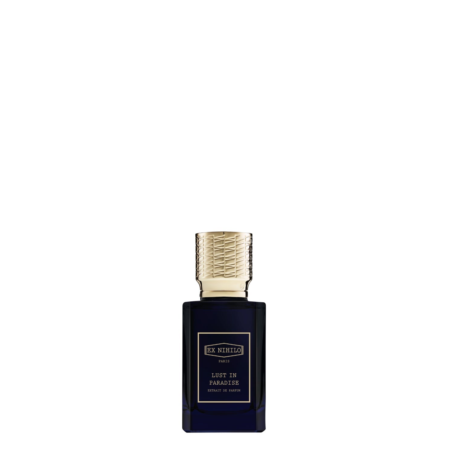 A luxury bottle of Ex Nihilo Lust in Paradise Extrait de Parfum. The rectangular bottle is made of deep midnight-blue transparent glass with a gold-bordered label featuring the brand and fragrance name in gold typography. It is topped with a heavy, intricately textured gold cap, set against a seamless white background.
