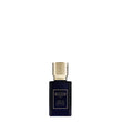 A luxury bottle of Ex Nihilo Lust in Paradise Extrait de Parfum. The rectangular bottle is made of deep midnight-blue transparent glass with a gold-bordered label featuring the brand and fragrance name in gold typography. It is topped with a heavy, intricately textured gold cap, set against a seamless white background.