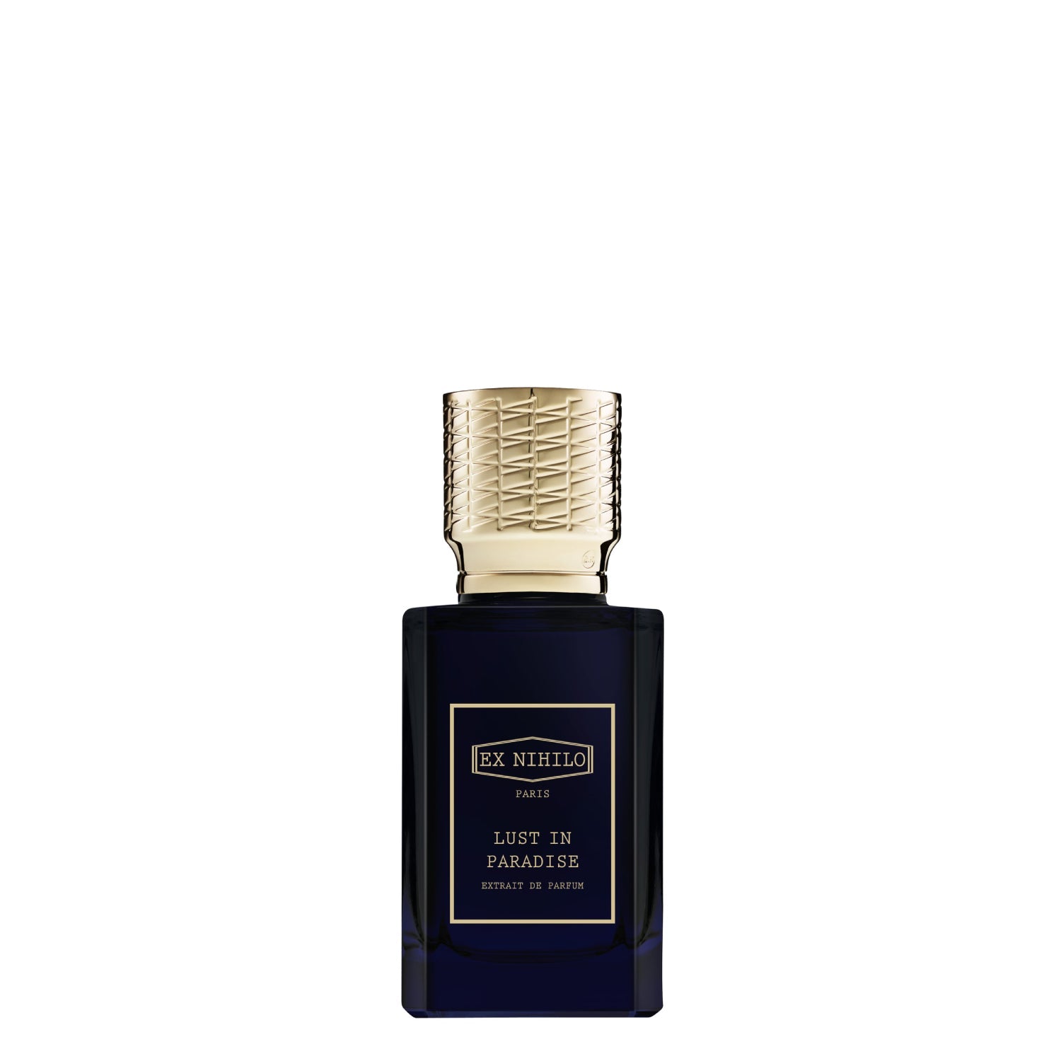 A luxury bottle of Ex Nihilo Lust in Paradise Extrait de Parfum. The rectangular bottle is made of deep midnight-blue transparent glass with a gold-bordered label featuring the brand and fragrance name in gold typography. It is topped with a heavy, intricately textured gold cap, set against a seamless white background.