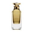 A front-facing view of the Galbee Is Woody perfume bottle, highlighting the gold-etched branding and the signature hexagonal emblem on the glass.