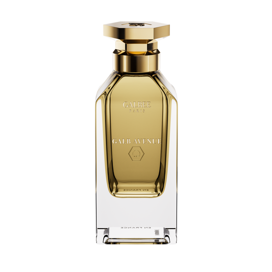 A front-facing view of the Galbee Is Woody perfume bottle, highlighting the gold-etched branding and the signature hexagonal emblem on the glass.