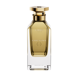A front-facing view of the Galbee Is Woody perfume bottle, highlighting the gold-etched branding and the signature hexagonal emblem on the glass.