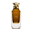 A front-facing view of the Galbee Is Woody perfume bottle, highlighting the gold-etched branding and the signature hexagonal emblem on the glass.