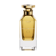 A front view of the Galbee Paris Note of Galb perfume bottle, featuring a clear glass exterior, a golden interior, and a gold hexagonal cap.