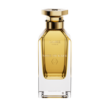 A front view of the Galbee Paris Note of Galb perfume bottle, featuring a clear glass exterior, a golden interior, and a gold hexagonal cap.