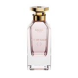 A front-facing view of the Galbee Paris Oh My Galb perfume bottle, highlighting the gold-etched branding and the signature hexagonal emblem on the glass.