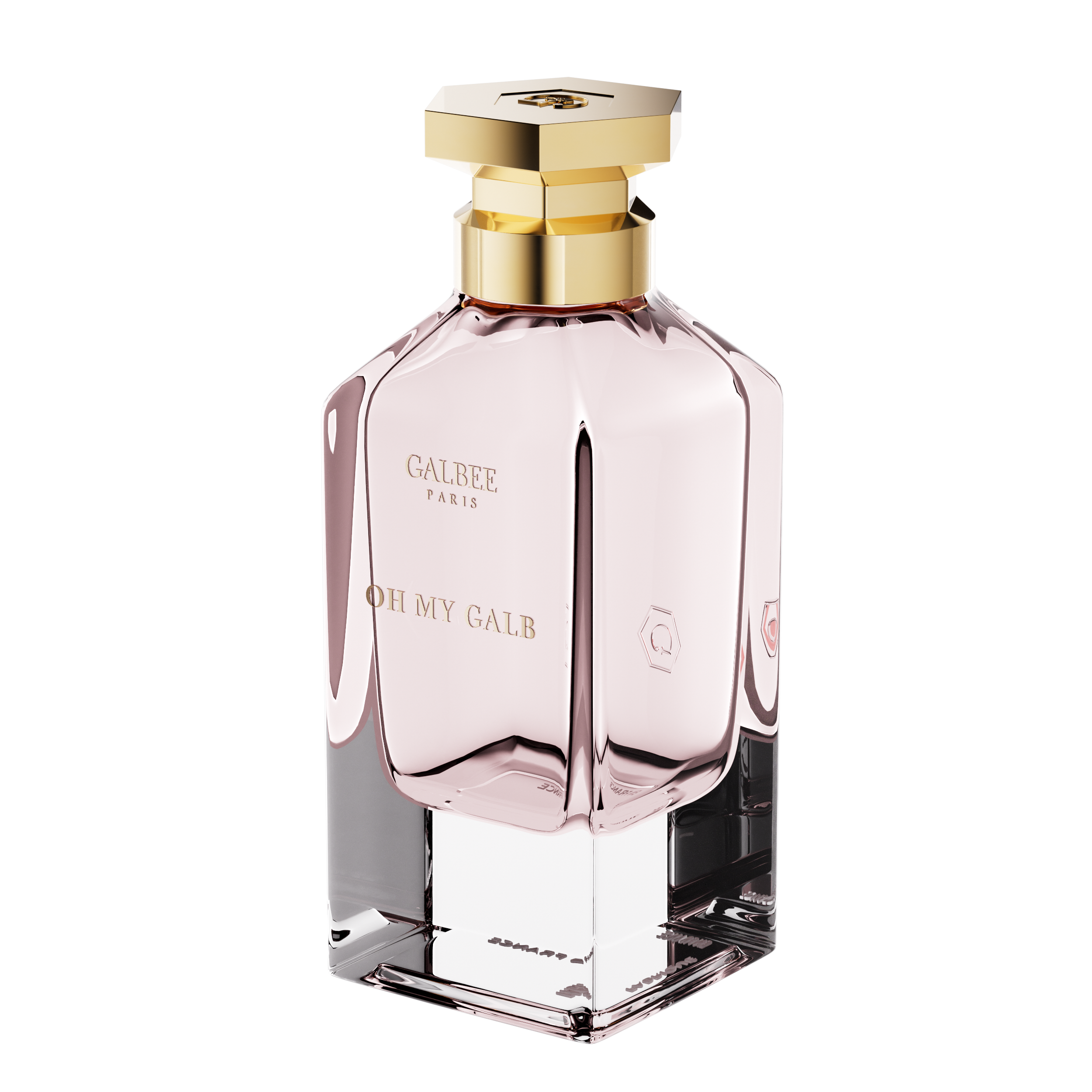 A three-quarter perspective view of the Oh My Galb perfume bottle, showing its clear glass base, soft pink interior, and hexagonal gold cap.