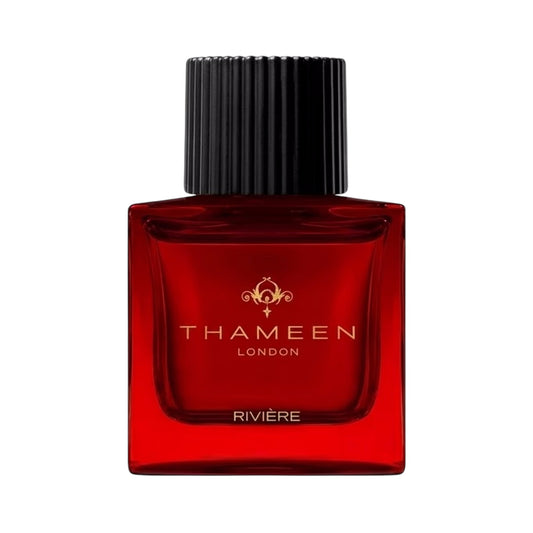 Red Thameen Riviere Extrait de Parfum bottle with a square glass body and a black ribbed cap, featuring gold-toned branding.