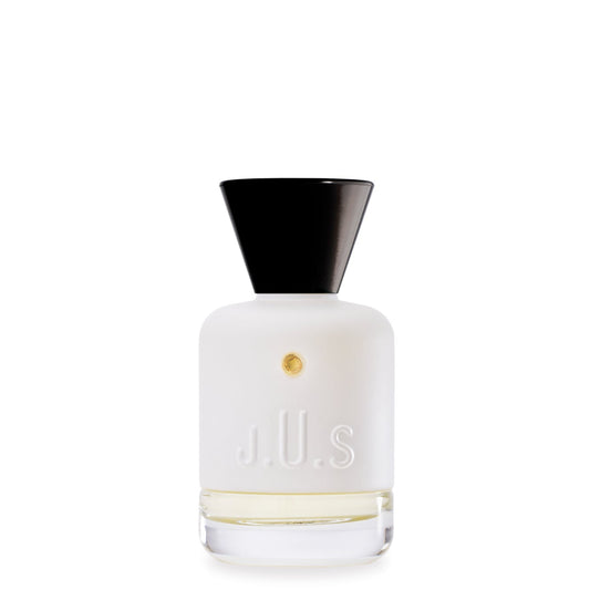 J.U.S Eau de Parfum in a matte white bottle with black cap and minimalist gold detail – Available for Online Purchase
