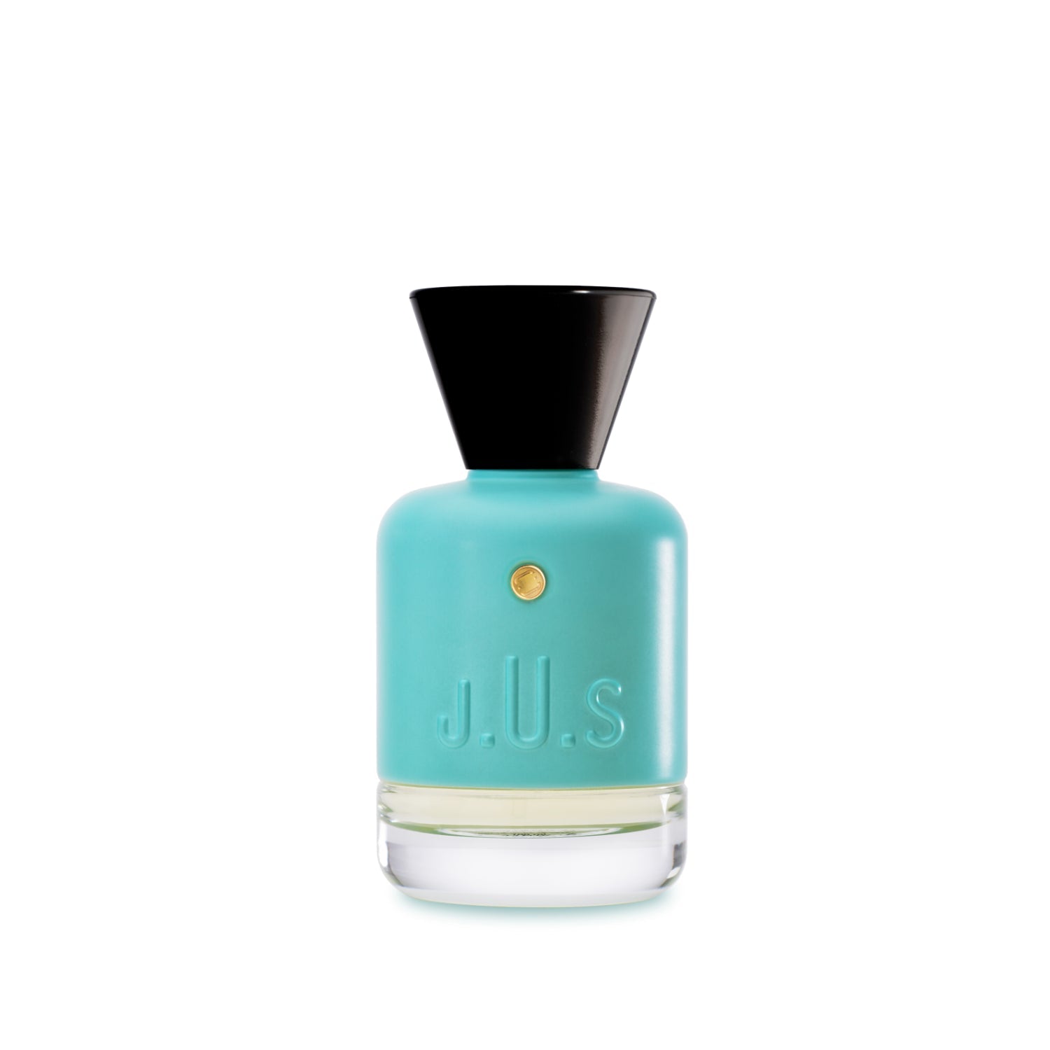 J.U.S Eau de Parfum in a turquoise glass bottle with black cap and minimalist design – Shop Now Online