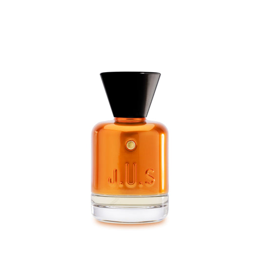 J.U.S Eau de Parfum in a glossy amber bottle with black cap and gold emblem – Find Online Today