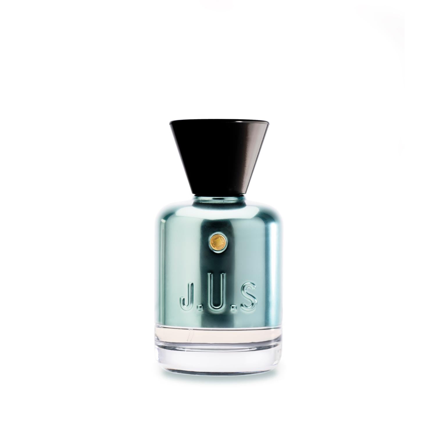 J.U.S Eau de Parfum in a metallic aqua bottle with black cap and gold emblem – Shop Now Online