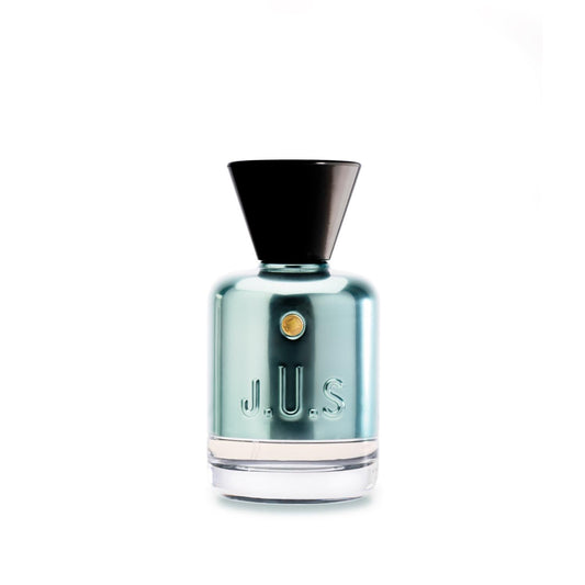J.U.S Eau de Parfum in a metallic aqua bottle with black cap and gold emblem – Shop Now Online