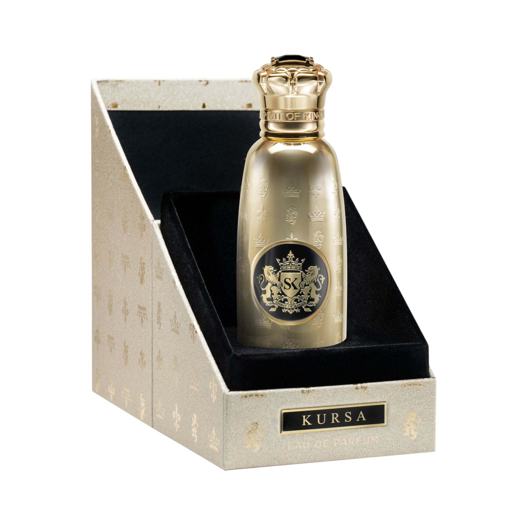 Gold-toned perfume bottle with embossed crowns, a black oval label with a gold crest, and a crown-shaped cap with a black jew