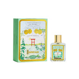 L.T. Piver Heliotrope Blanc Eau de Parfum 100ml bottle with gold cap displayed beside a light green vintage-style box featuring botanical illustrations and a red torii gate, Order Online Today.