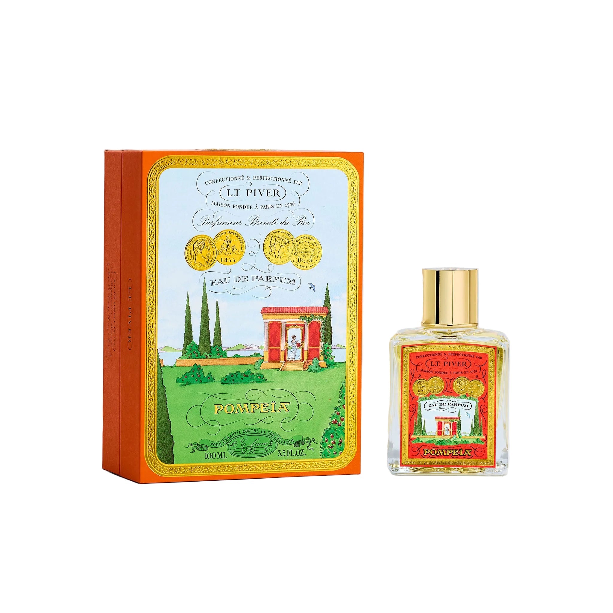L.T. Piver Pompeia Eau de Parfum 100ml bottle with gold cap displayed beside an orange vintage-style box featuring a garden pavilion illustration and classical scenery, Shop the Latest Online.