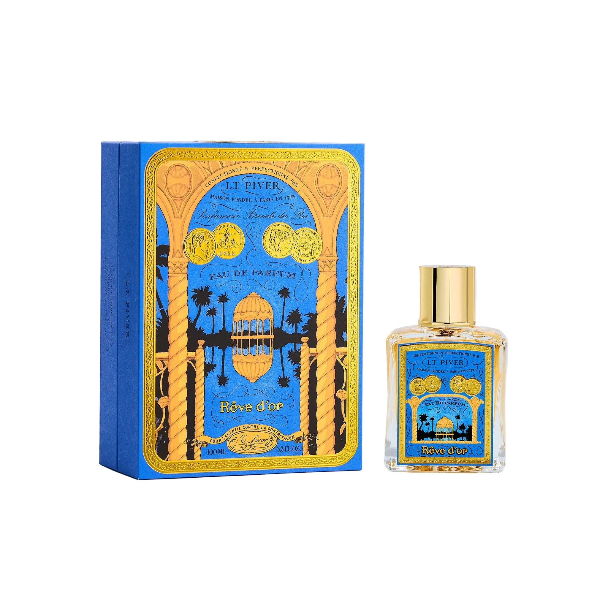 L.T. Piver Rêve d’Or Eau de Parfum 100ml bottle with gold cap displayed beside a blue and gold vintage-style box featuring ornate French artwork, Shop Now Online.