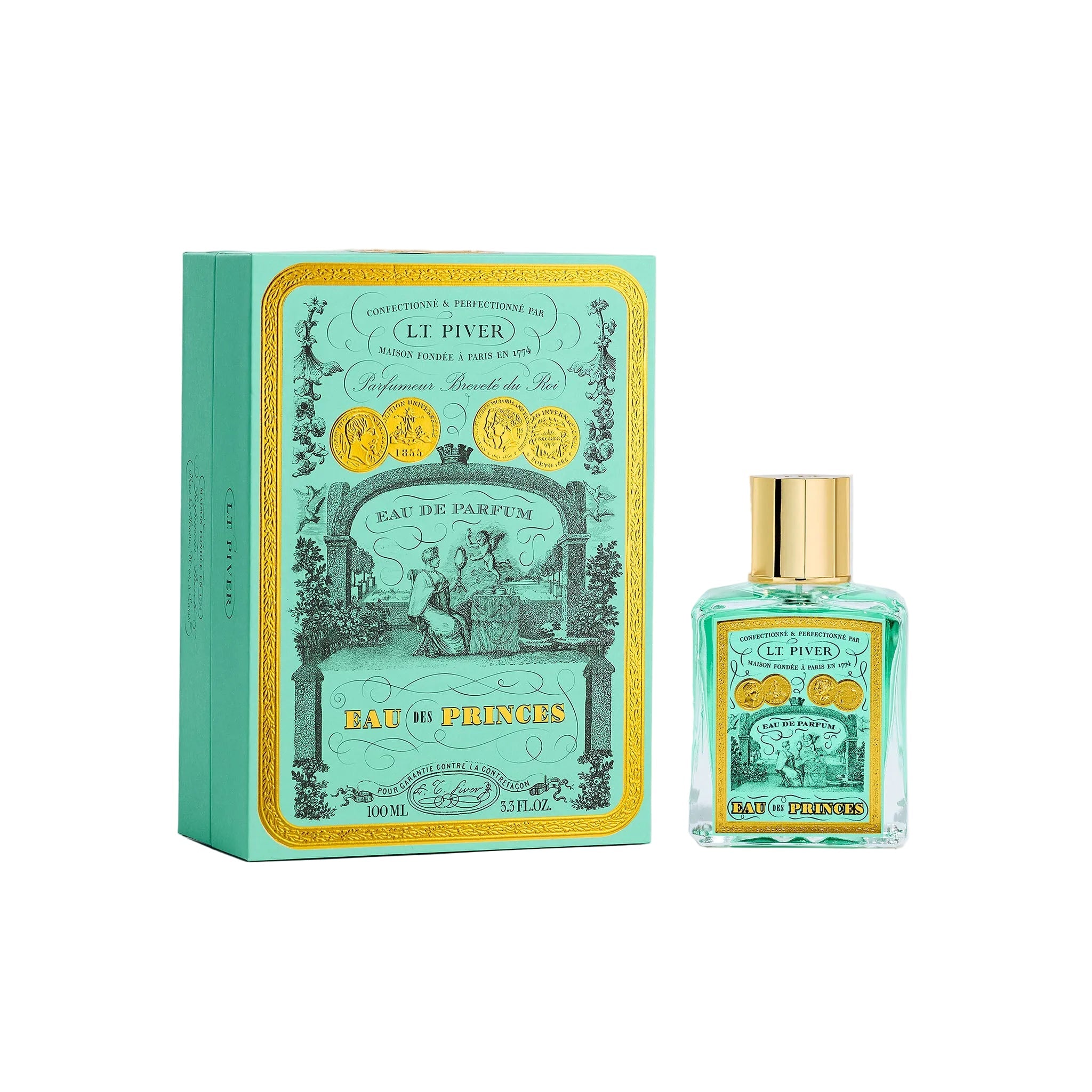 L.T. Piver Eau des Princes Eau de Parfum 100ml bottle with gold cap displayed beside a turquoise vintage-style box featuring ornate French artwork, Find Online Today.