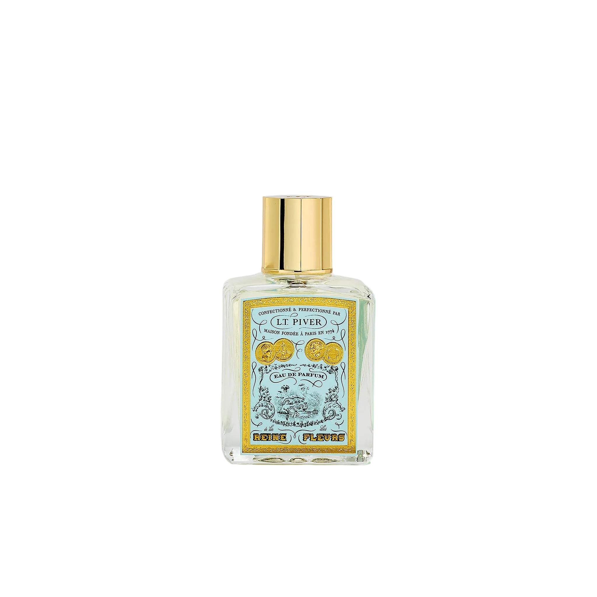 L.T. Piver Reine des Fleurs Eau de Parfum 100ml bottle with gold cap beside turquoise vintage-style box, featuring ornate floral artwork and classic French design, Now Online.