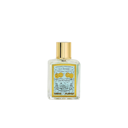 L.T. Piver Reine des Fleurs Eau de Parfum 100ml bottle with gold cap beside turquoise vintage-style box, featuring ornate floral artwork and classic French design, Now Online.
