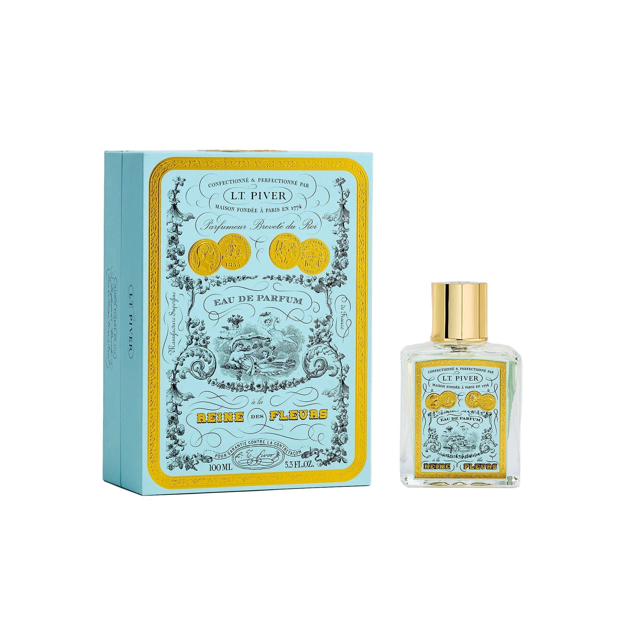 L.T. Piver Reine des Fleurs Eau de Parfum 100ml bottle with gold cap beside turquoise vintage-style box, featuring ornate floral artwork and classic French design, Now Online.