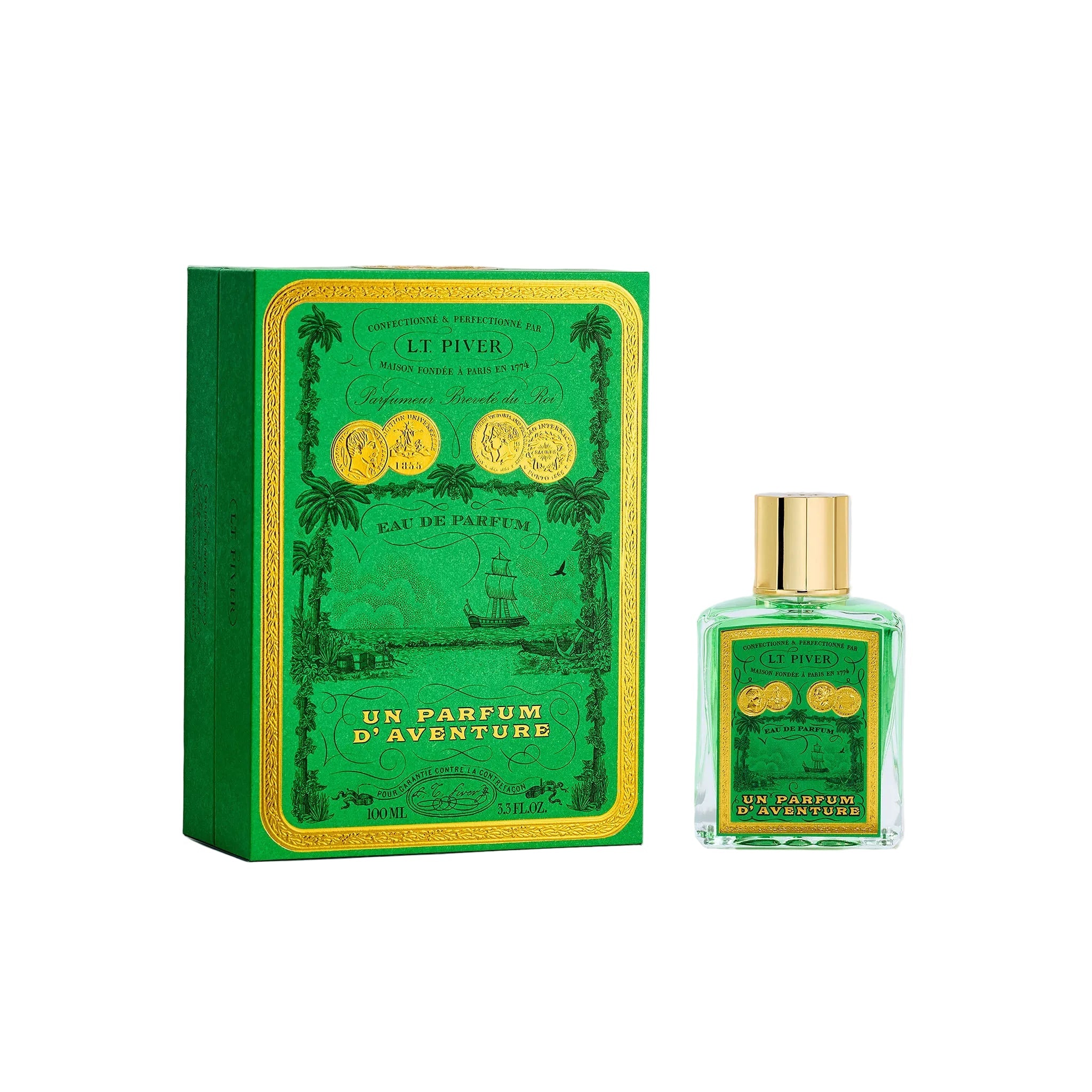 L.T. Piver Un Parfum d’Aventure Eau de Parfum 100ml bottle with gold cap displayed beside a deep green vintage-style box with ornate French artwork, Exclusive Online.