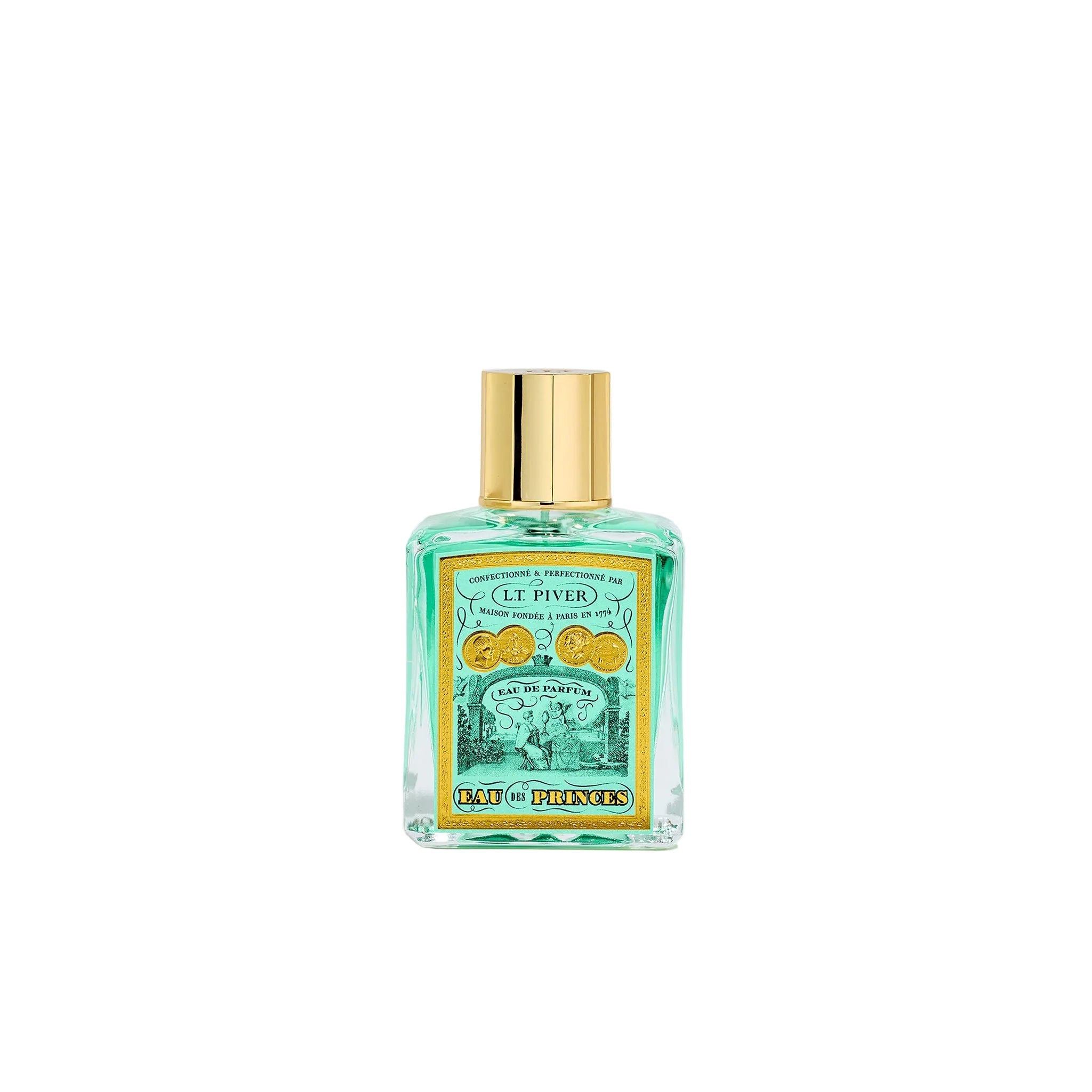 L.T. Piver Eau des Princes Eau de Parfum 100ml bottle with gold cap displayed beside a turquoise vintage-style box featuring ornate French artwork, Find Online Today.