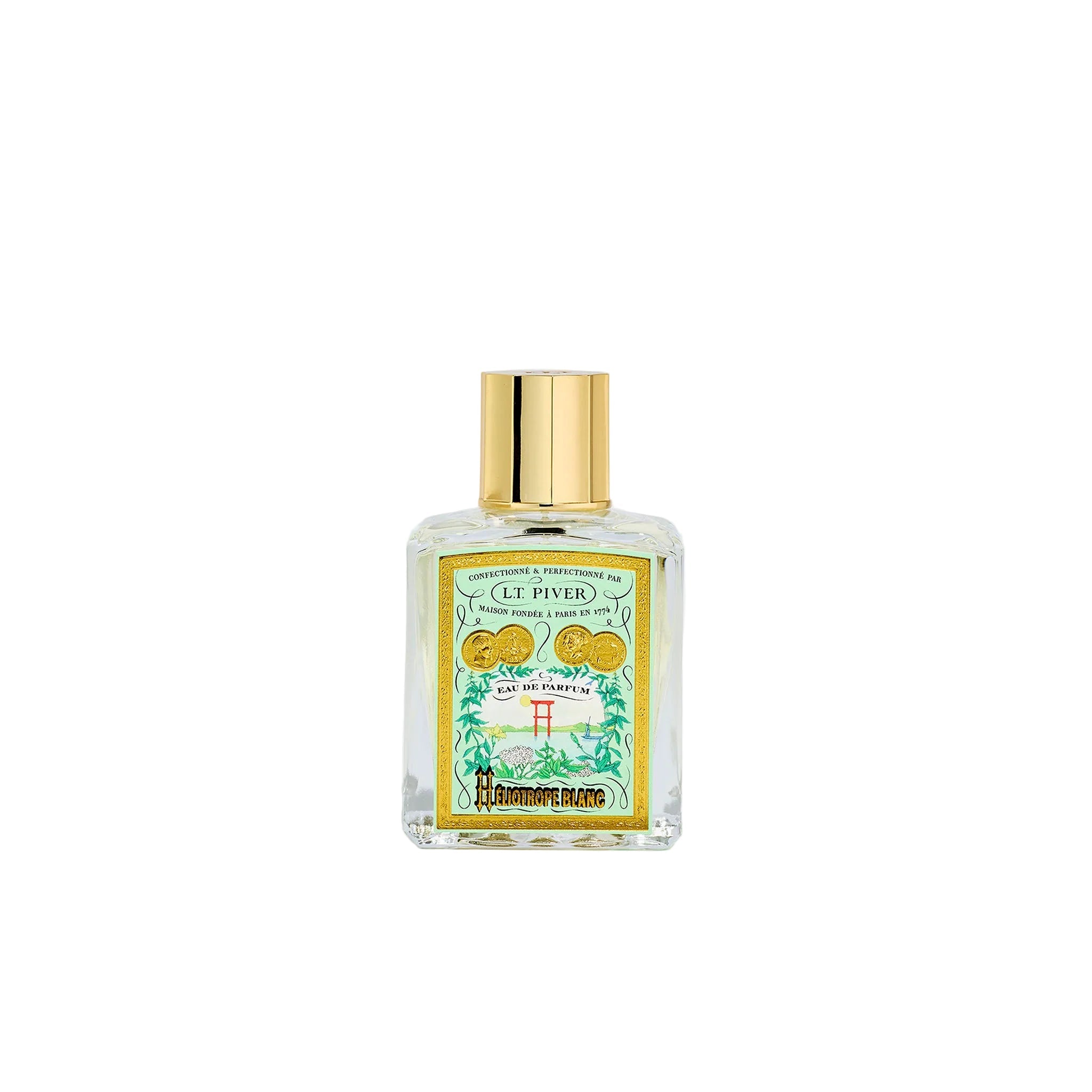 L.T. Piver Heliotrope Blanc Eau de Parfum 100ml bottle with gold cap displayed beside a light green vintage-style box featuring botanical illustrations and a red torii gate, Order Online Today.
