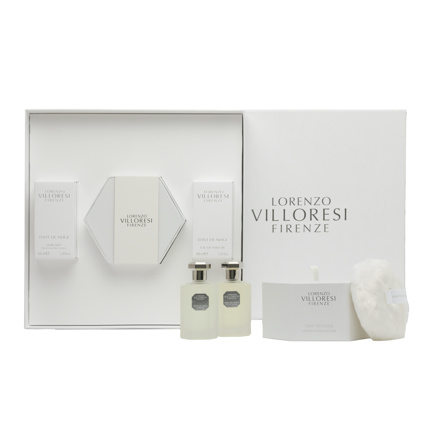 A luxury white gift set from Lorenzo Villoresi Firenze containing Teint de Neige Eau de Parfum, Hair Mist, and Scented Body Powder with a white fluffy puff, all arranged in a premium white presentation box.