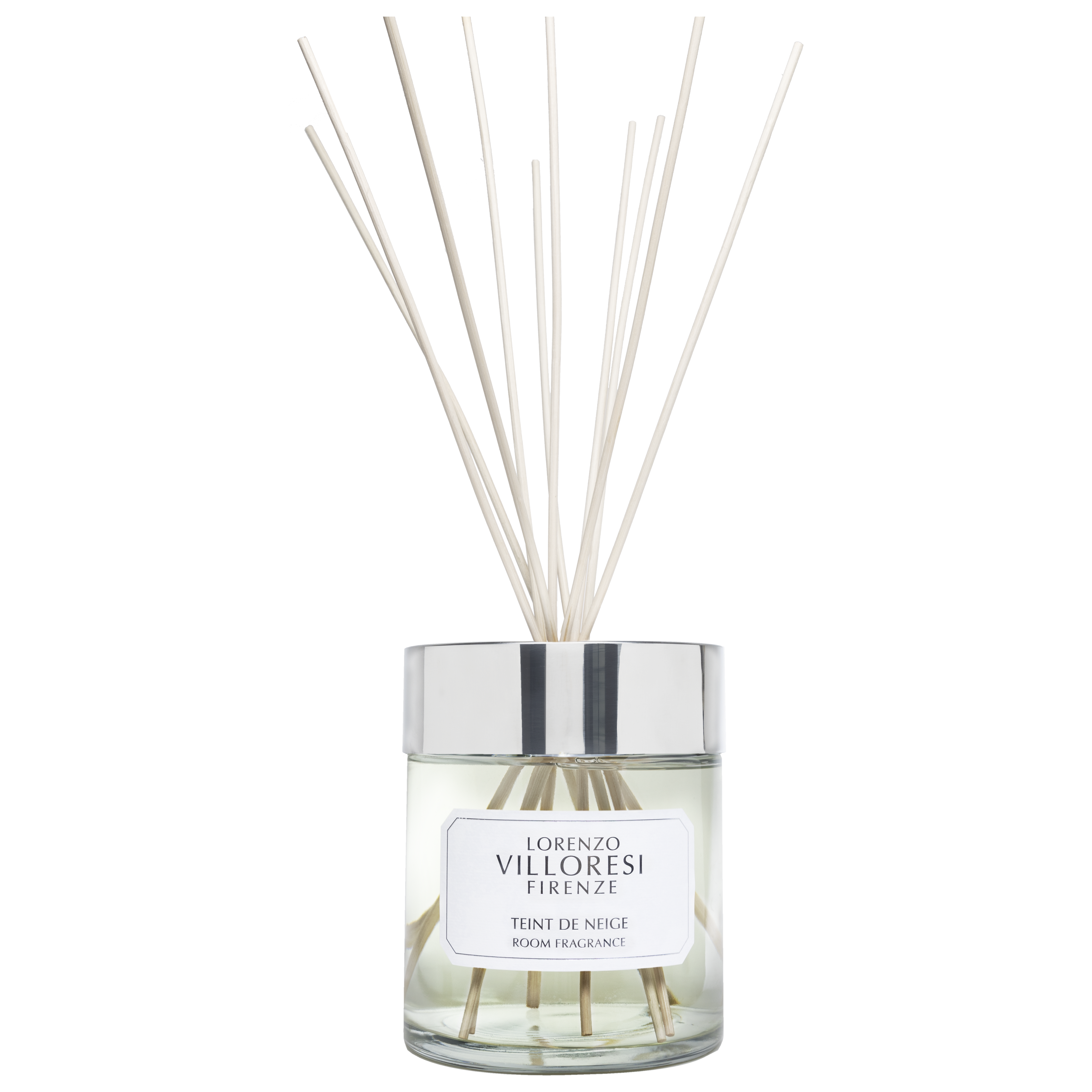 A luxury room fragrance set by Lorenzo Villoresi Firenze. The image features a clear glass diffuser jar filled with pale liquid and several natural wood reeds fanning out from a polished silver collar. The jar label and the accompanying minimalist white presentation box both feature the brand name and "TEINT DE NEIGE ROOM FRAGRANCE" in elegant black typography.