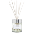 A luxury room fragrance set by Lorenzo Villoresi Firenze. The image features a clear glass diffuser jar filled with pale liquid and several natural wood reeds fanning out from a polished silver collar. The jar label and the accompanying minimalist white presentation box both feature the brand name and "TEINT DE NEIGE ROOM FRAGRANCE" in elegant black typography.