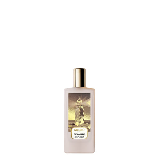 Front view of a  luxury perfume set featuring the Memo Paris Cap Camarat Eau de Parfum bottle and its presentation box.