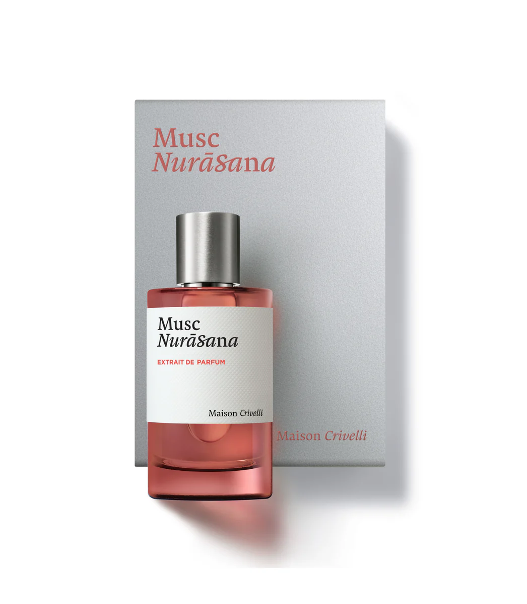 Maison Crivelli Musc Nurāsana Extrait de Parfum 100ml bottle displayed with its minimalist light grey metallic presentation box featuring coral-red text.