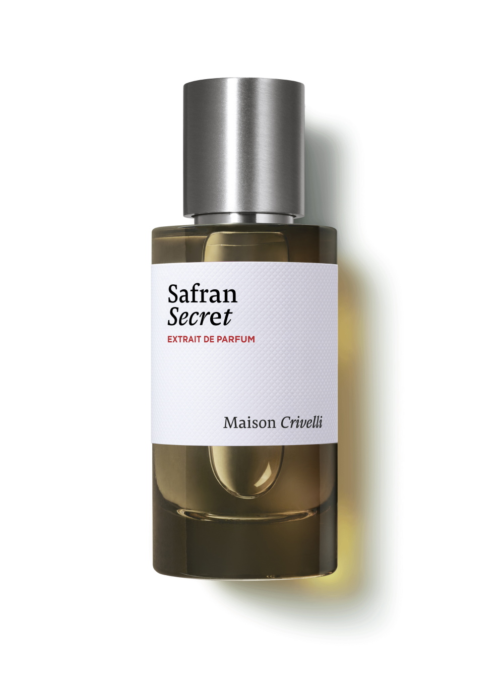 A 50ml bottle of Maison Crivelli Safran Secret Extrait de Parfum featuring a textured white label and a brushed metal cap against a white background.