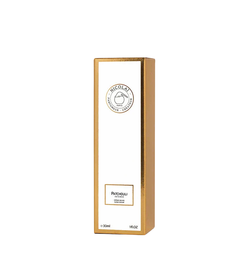 The elegant white and gold-bordered presentation box for the Nicolaï Patchouli Intense Hand Cream, showing the 30ml size marking.