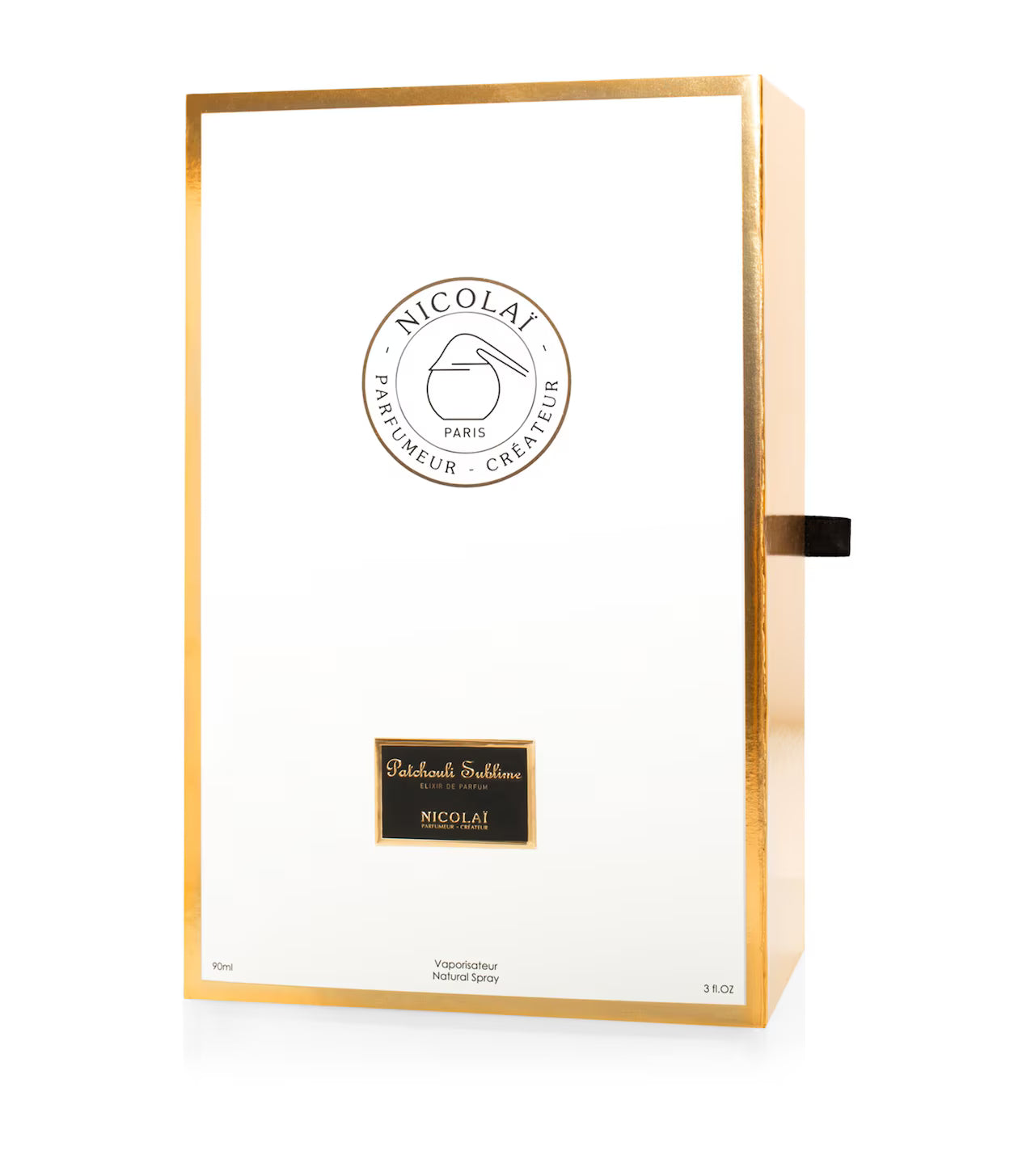 The luxury white and gold-bordered outer packaging for Nicolaï Patchouli Sublime Elixir de Parfum, marked 90ml/3 fl. oz.