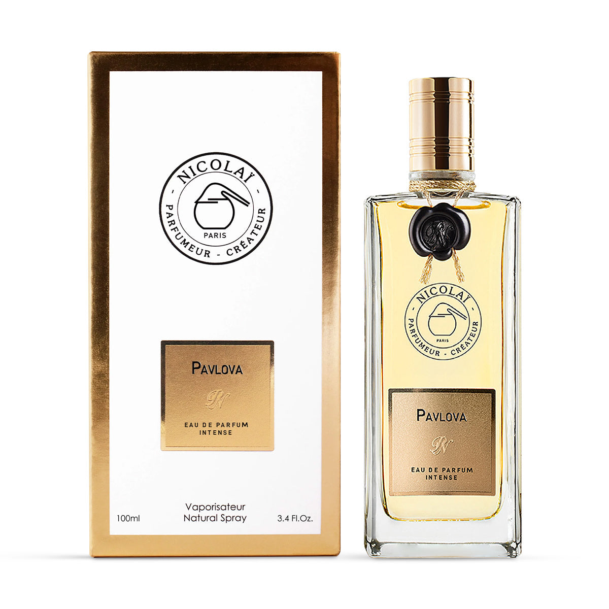 The 100ml Nicolaï Pavlova perfume bottle standing next to its elegant white and gold-trimmed presentation box against a clean white background.